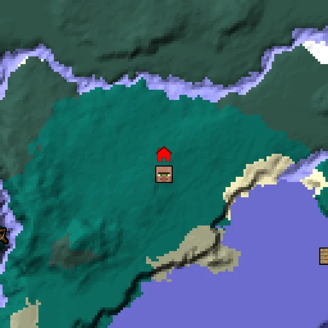 Overworld biome map of seed 2234454786246178 around spawn, with the village marked