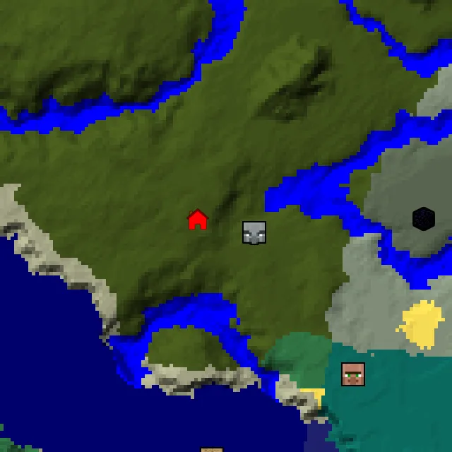 Overworld biome map of seed 22830060256199132 around spawn, with the mansion marked