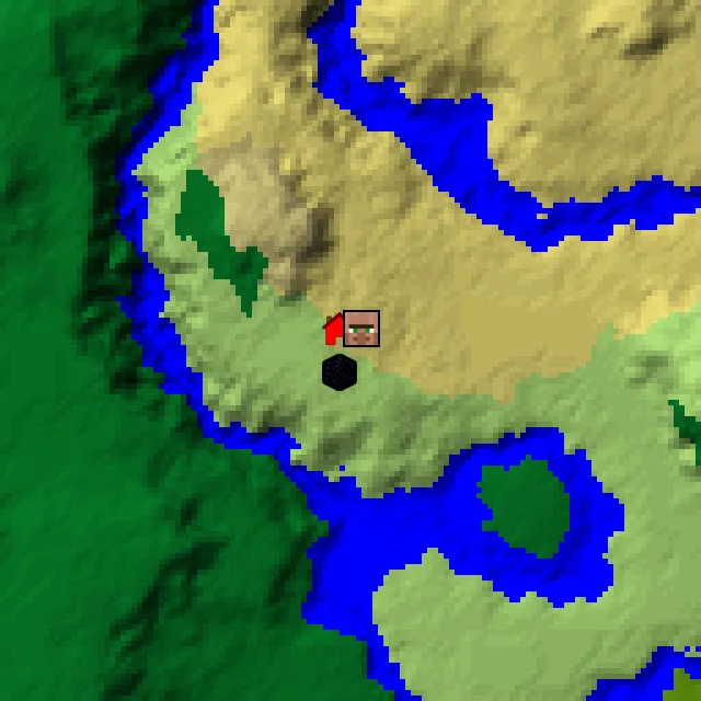 Overworld biome map of seed 269363232836536 around spawn, with the village and ruined portal marked