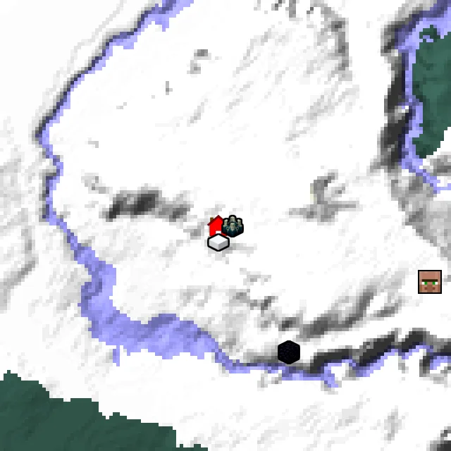 Overworld biome map of seed 2993161582853604 around spawn, with the ancient city marked