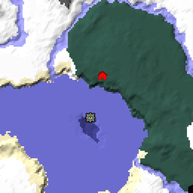 Overworld biome map of seed 42027758483309 around spawn, with the monument marked