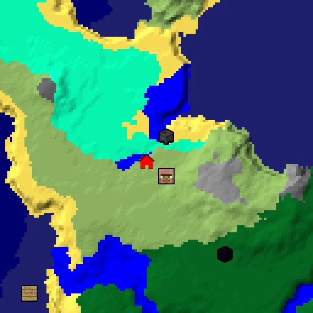 Overworld biome map of seed 1579010328725782274 around spawn, with the village and swamp hut marked