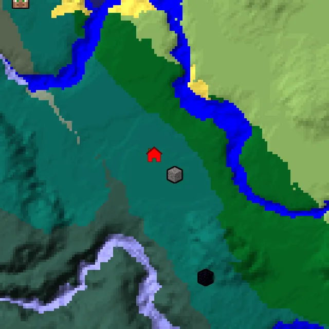 Overworld biome map of seed 1840033384560095 around spawn, with the trail ruin marked
