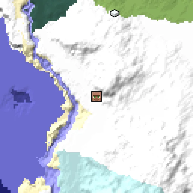 Overworld biome map of seed 2118788916074760 around spawn, with the village marked