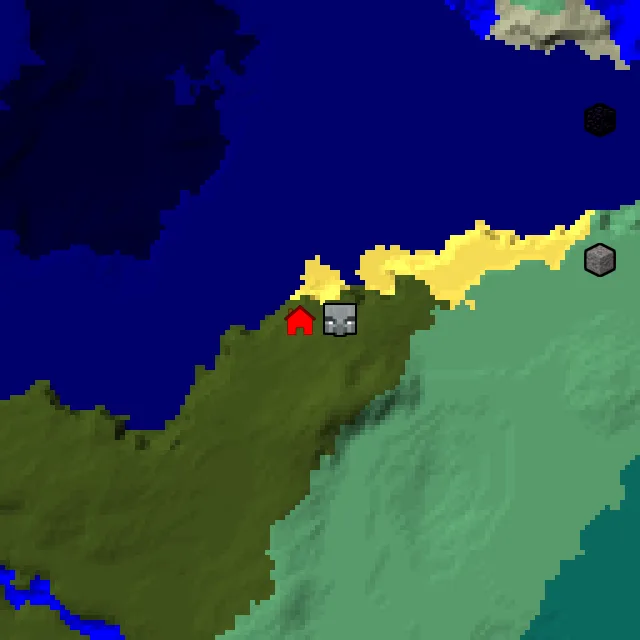 Overworld biome map of seed 22747378045018549 around spawn, with the mansion marked