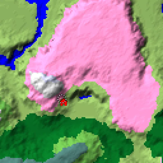 Overworld biome map of seed 2346618400199700728 around spawn, with the cherry grove marked