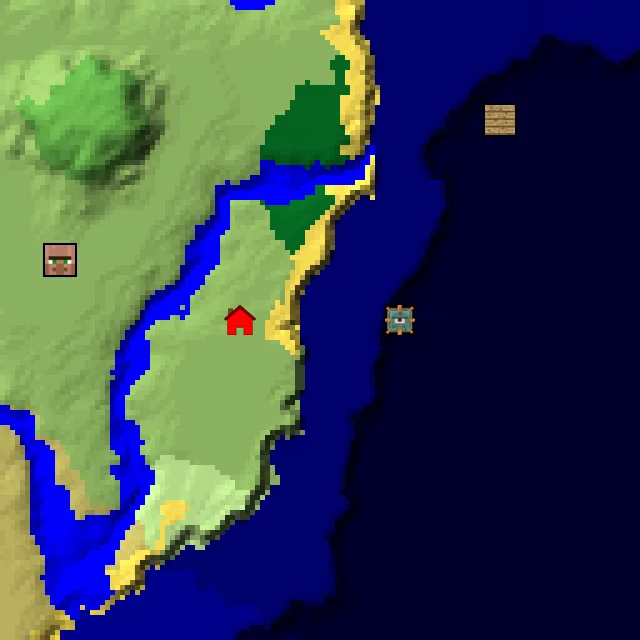Overworld biome map of seed 3997696169739803 around spawn, with the monument marked