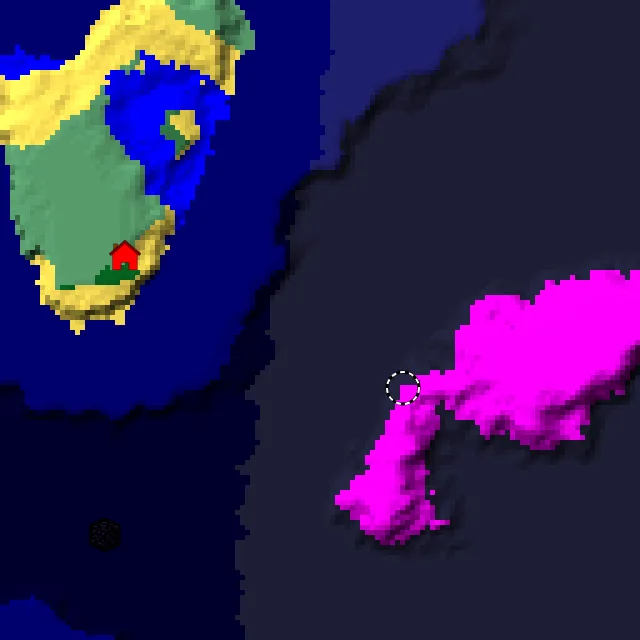 Overworld biome map of seed 5973244469613885062 around spawn, with the mushroom fields marked