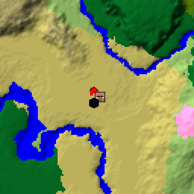 Overworld biome map of seed 878654892994598 around spawn, with the village and ruined portal marked
