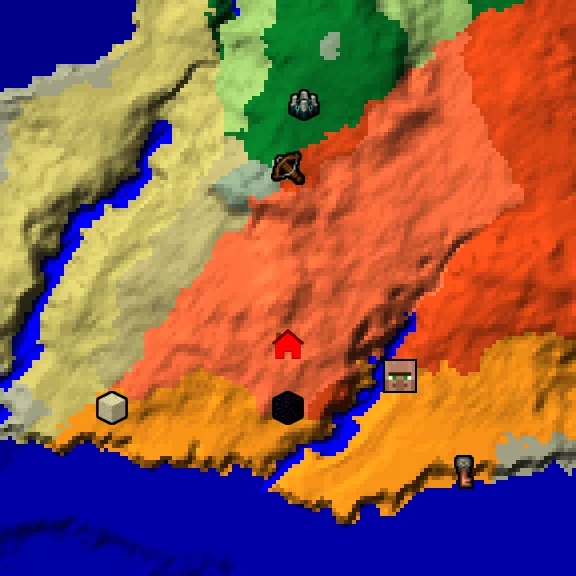 Overworld biome map of seed -8574436333040367599 around spawn, with the village and ruined portal and desert pyramid and outpost and trial chamber and ancient city marked