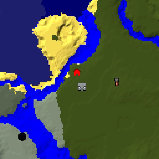 Overworld biome map of seed 1907739375453033 around spawn, with the mansion marked