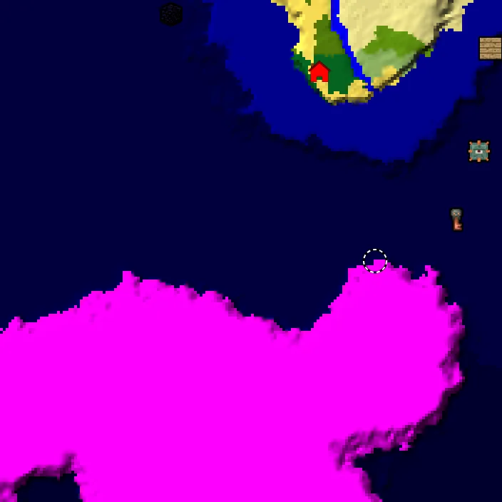 Overworld biome map of seed 8848941816345899447 around spawn, with the mushroom fields marked