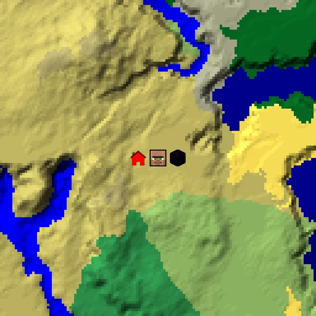 Overworld biome map of seed 889262350464862 around spawn, with the village and ruined portal marked