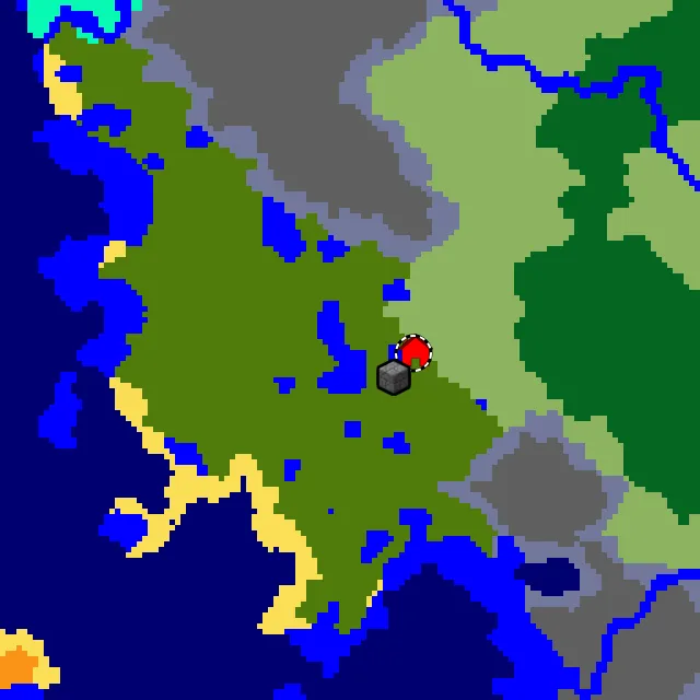 Overworld biome map of seed -8393735902710176531 around spawn, with the jungle marked