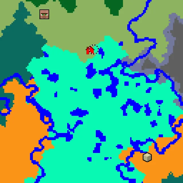 Overworld biome map of seed -8920197833909206638 around spawn, with the swamp marked