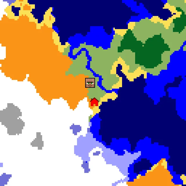 Overworld biome map of seed 5704174794862729 around spawn, with the village marked
