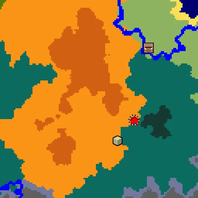 Overworld biome map of seed 3707970641368717485 around spawn, with the desert marked