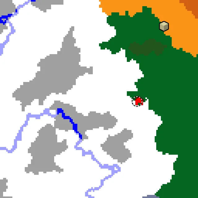 Overworld biome map of seed 8372013327850629237 around spawn, with the snowy plains marked