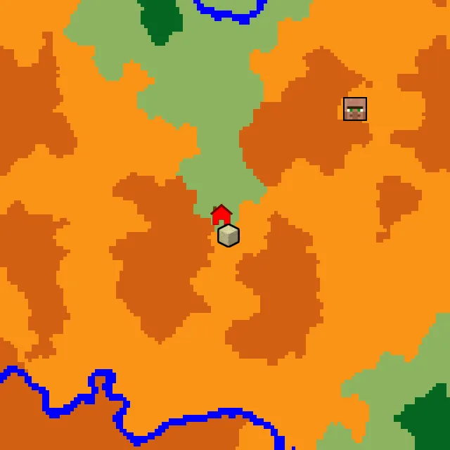 Overworld biome map of seed 1207551226329711 around spawn, with the desert pyramid marked