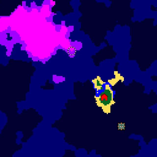 Overworld biome map of seed 28829545874439179 around spawn, with the monument and mushroom fields marked