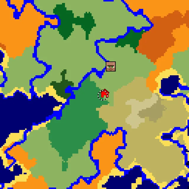 Overworld biome map of seed 6035054027000037 around spawn, with the village and flower forest marked