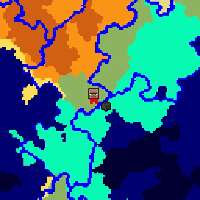 Overworld biome map of seed 194451000805263393 around spawn, with the village and swamp hut marked