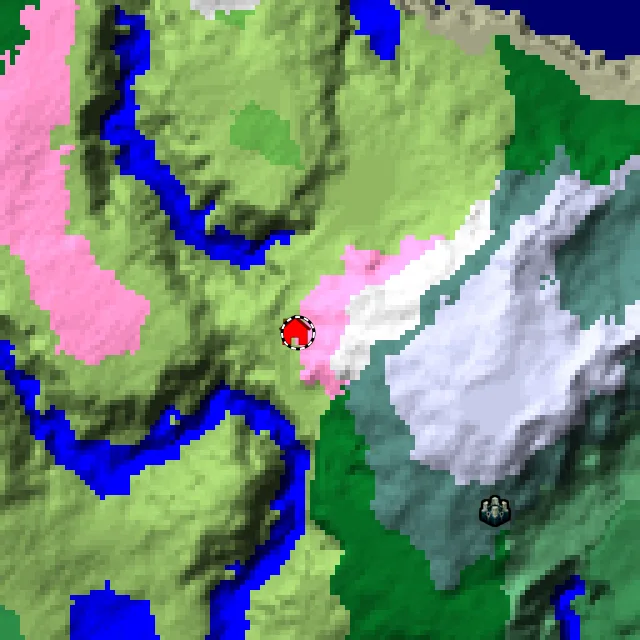 Overworld biome map of seed -5081048861444757073 around spawn, with the cherry grove marked
