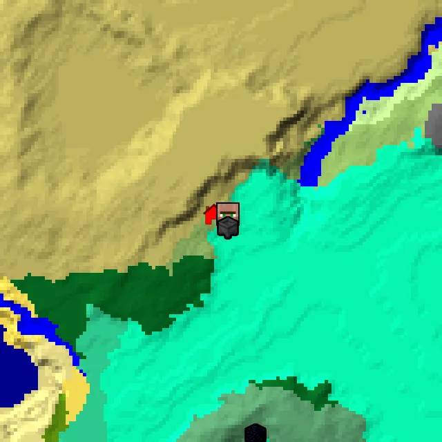 Overworld biome map of seed 1043714136671900276 around spawn, with the village and swamp hut marked