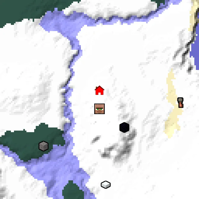 Overworld biome map of seed 105054226415624 around spawn, with the village marked