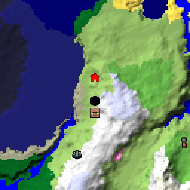 Overworld biome map of seed 172758807026493 around spawn, with the village and ruined portal marked