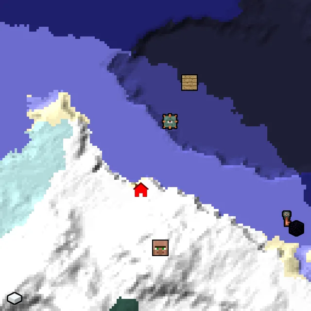 Overworld biome map of seed 1924562510658962 around spawn, with the monument marked