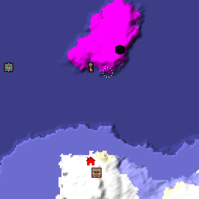 Overworld biome map of seed 2141165974789938423 around spawn, with the mushroom fields marked
