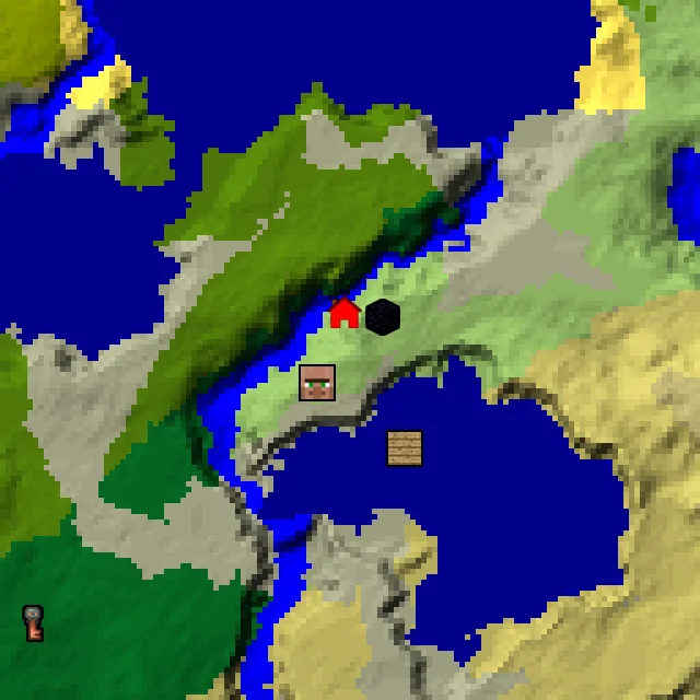 Overworld biome map of seed 1243094667713051 around spawn, with the village and ruined portal marked