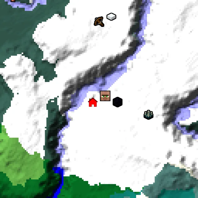 Overworld biome map of seed 34408078497149 around spawn, with the village marked