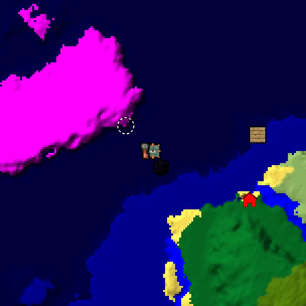 Overworld biome map of seed 6283396778342867902 around spawn, with the mushroom fields marked