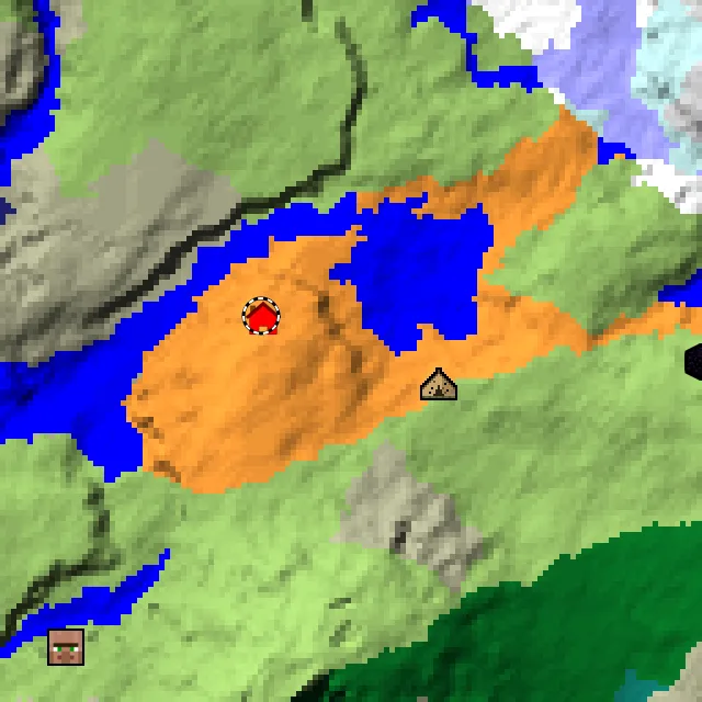 Overworld biome map of seed 19170884564763712 around spawn, with the abandoned camp and dappled forest marked