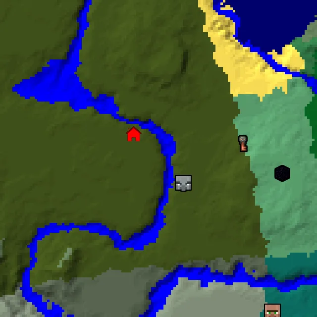 Overworld biome map of seed 23449166200361261 around spawn, with the mansion marked