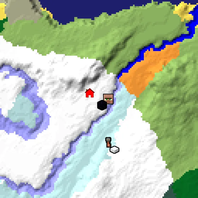Overworld biome map of seed 328492470042664 around spawn, with the village and ruined portal marked