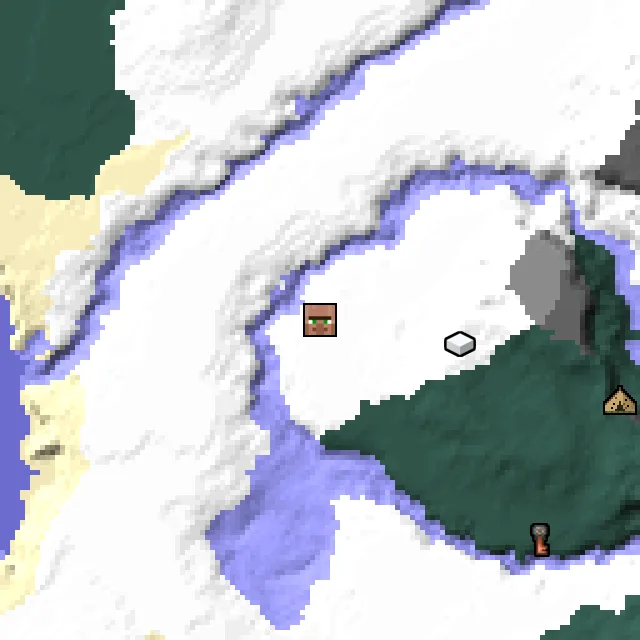 Overworld biome map of seed 371372112556809 around spawn, with the village marked