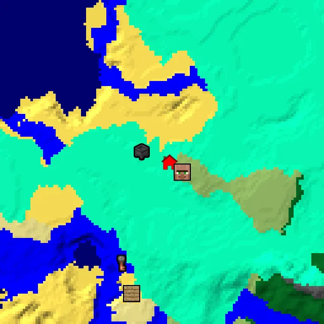 Overworld biome map of seed 376597192266466193 around spawn, with the village and swamp hut marked