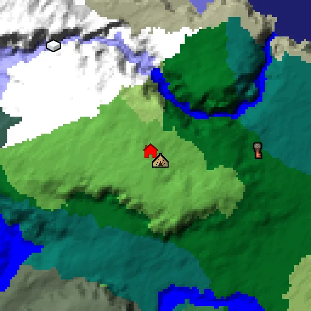 Overworld biome map of seed 399918057248930 around spawn, with the abandoned camp marked