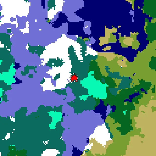 Overworld biome map of seed -7811363302991213263 around spawn, with the taiga marked