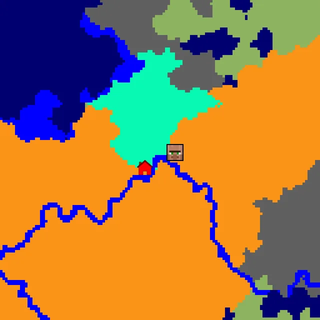 Overworld biome map of seed 377807518278840 around spawn, with the village marked