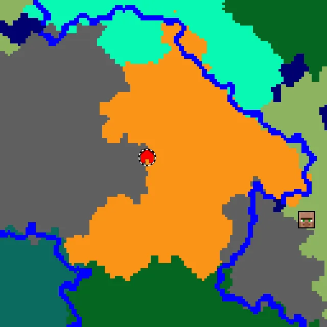 Overworld biome map of seed 7799469518119446881 around spawn, with the desert marked
