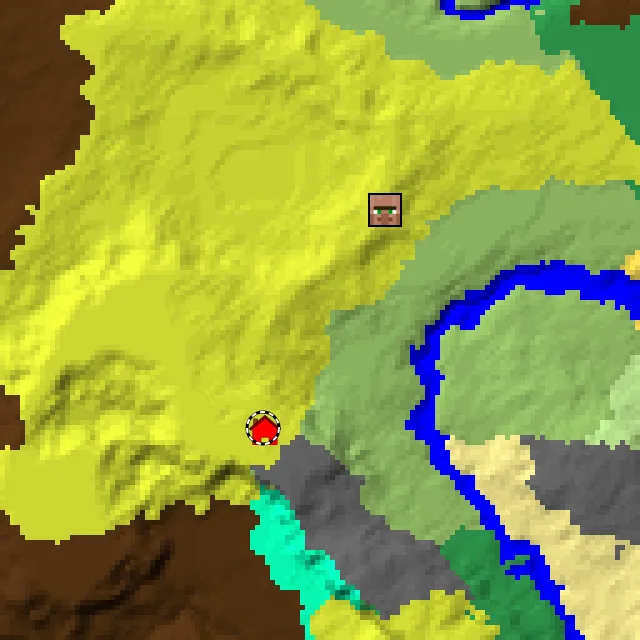 Overworld biome map of seed 1429451576662801 around spawn at Y 0, with the village and sulfur caves marked