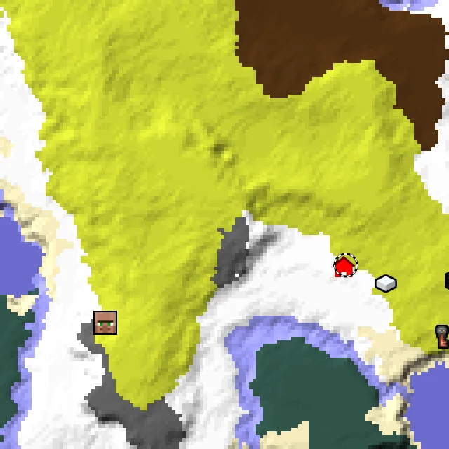 Overworld biome map of seed 2550018009398761 around spawn at Y 0, with the village and sulfur caves marked