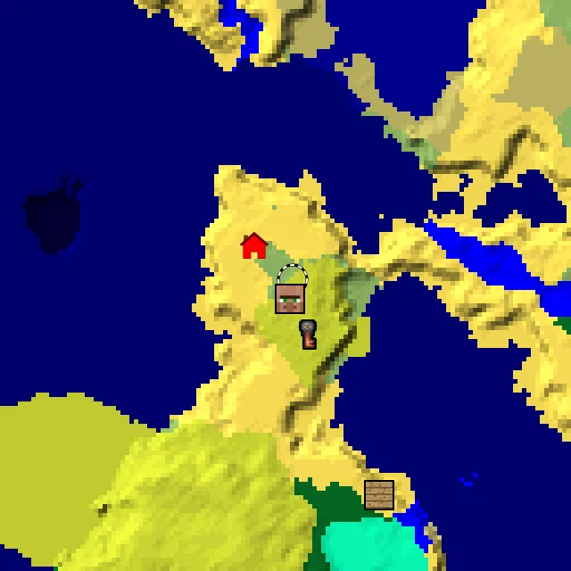Overworld biome map of seed 3074086031640167 around spawn at Y 0, with the village and sulfur caves marked