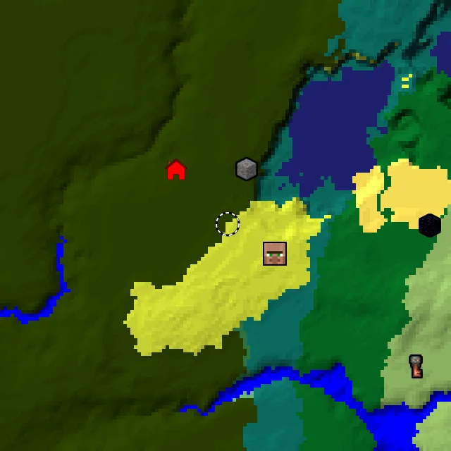 Overworld biome map of seed 442860251699945 around spawn at Y 0, with the village and sulfur caves marked