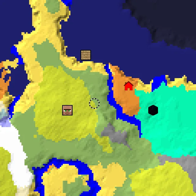 Overworld biome map of seed 5122454561084229 around spawn at Y 0, with the village and sulfur caves marked
