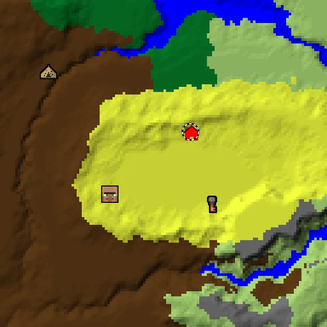 Overworld biome map of seed 5133991228066333 around spawn at Y 0, with the village and sulfur caves marked